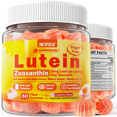 NEVISS bottle front showing sugar-free gummies for eye support.
