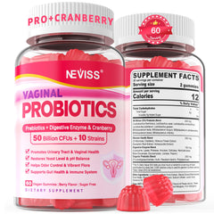 NEVISS vaginal probiotics gummies packshot promoting balanced intimate wellness.