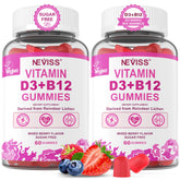 NEVISS vegan D3 + B12 gummies bottle shows a daily energy and bone-supporting supplement.