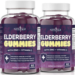 NEW AGE 2-pack elderberry gummies bottle supports daily family wellness.