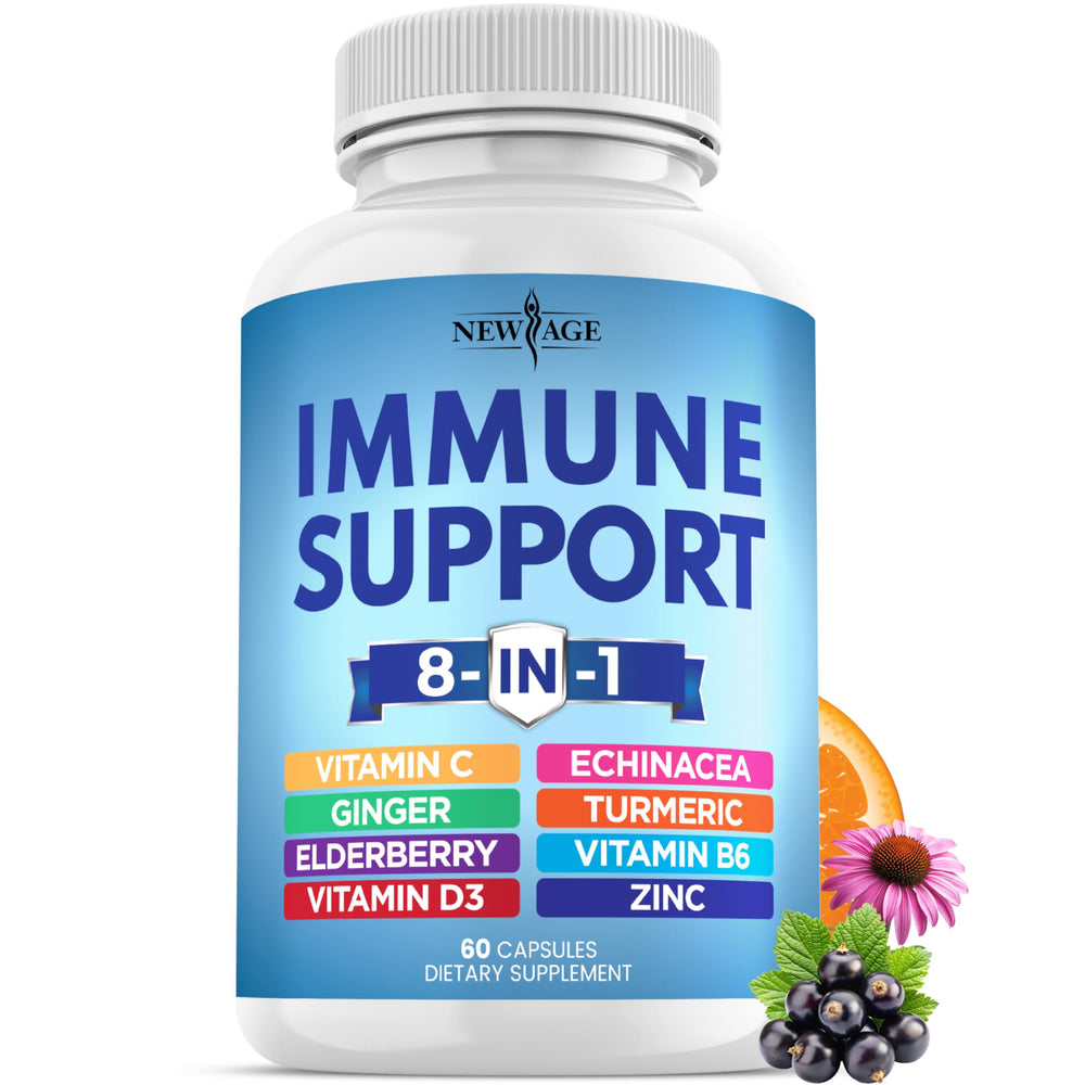 NEW AGE 8 in 1 immune booster bottle front view highlighting the label for daily wellness.