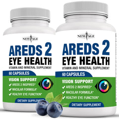 NEW AGE AREDS 2 eye vitamin bottle shows premium packaging for daily eye health support.