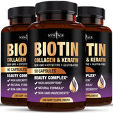 New Age biotin-collagen-keratin-hyaluronic acid bottle highlights premium hair and skin support.