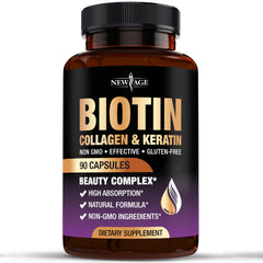 NEW AGE Biotin Collagen Keratin Hyaluronic Acid bottle supports daily hair, skin, and nails.