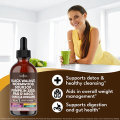 NEW AGE Black Walnut Wormwood Cleanse Drops ingredients scene emphasizes plant-based notes