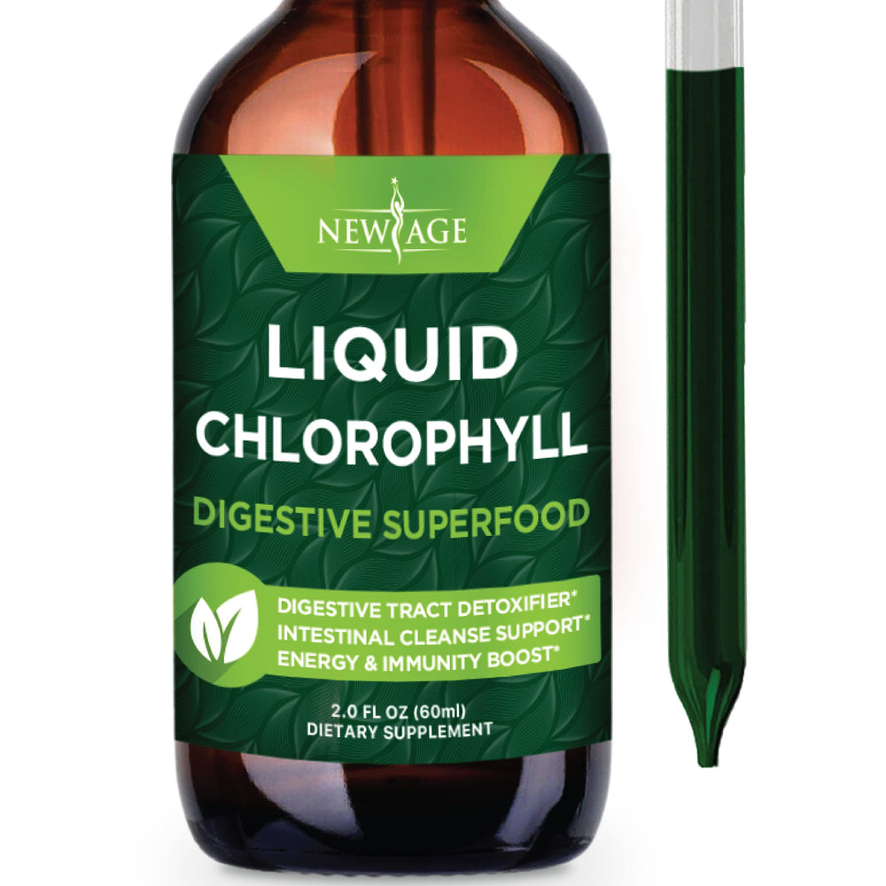 NEW AGE Chlorophyll Drops bottle and dropper ready for daily energy support.