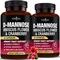 NEW AGE D-Mannose Cranberry Hibiscus bottle shows high-strength urinary comfort