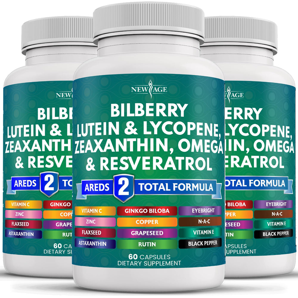 NEW AGE Eye Health bottle close-up with bilberry-lutein label for daily eye support