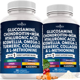 NEW AGE Glucosamine Chondroitin MSM bottle label highlighting an all-in-one joint support formula.