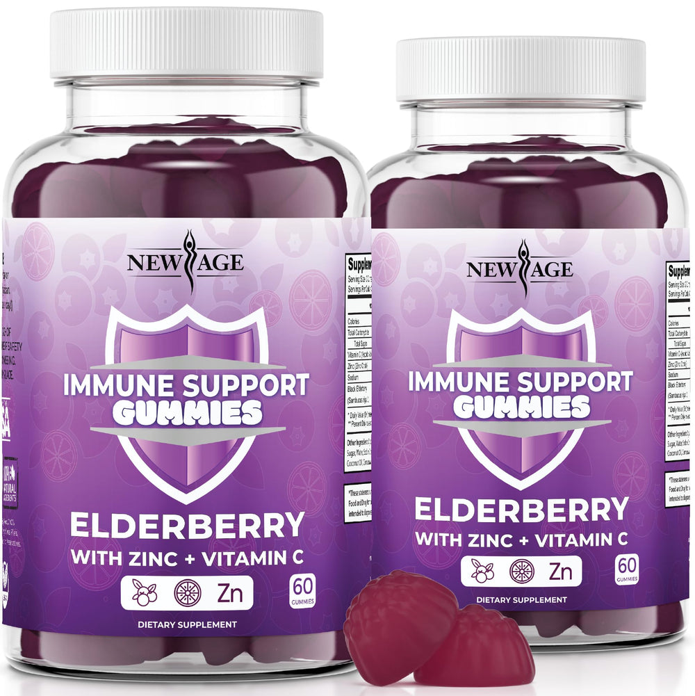 NEW AGE Immune Gummies bottle shows Sambucus elderberry blend for daily support.