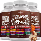 NEW AGE Lions Mane supplement bottle shows daily focus and wellness potential.