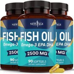 NEW AGE Omega 3 bottle, visual focus on bottle, may support daily joint and brain wellness