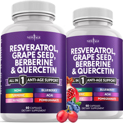 NEW AGE resveratrol-berberine-grape-seed capsules bottle supports daily wellness.