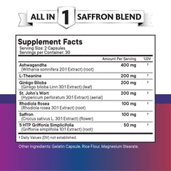 New Age saffron capsules close-up showing golden color and easy-to-swallow form.