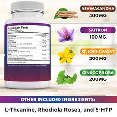 New Age saffron label highlights botanical blend for stress response and daily balance.