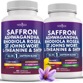 New Age saffron supplement bottle highlighting mood-support capsules.
