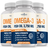 NEW AGE Triple Strength Omega 3 bottle pour — burpless softgels for smooth intake.