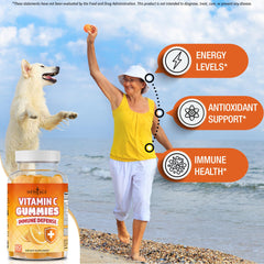 NEW AGE Vitamin C Gummies Orange serving scene shows a family-friendly daily intake.
