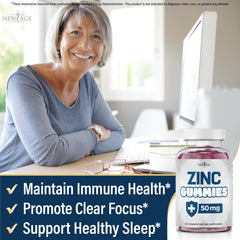 NEW AGE Zinc Gummies label highlights 50mg zinc and non-GMO promise.