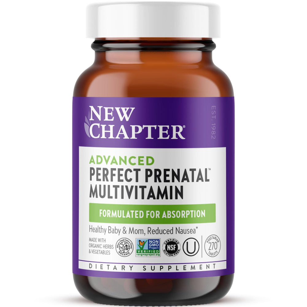 New Chapter Advanced Perfect Prenatal bottle packshot, complete daily vitamins for mom and baby support.