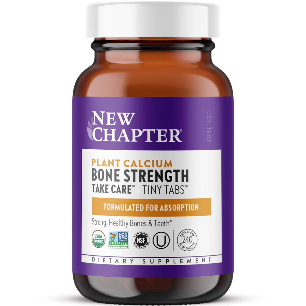 New Chapter calcium bottle front showing plant-based formula for bone support