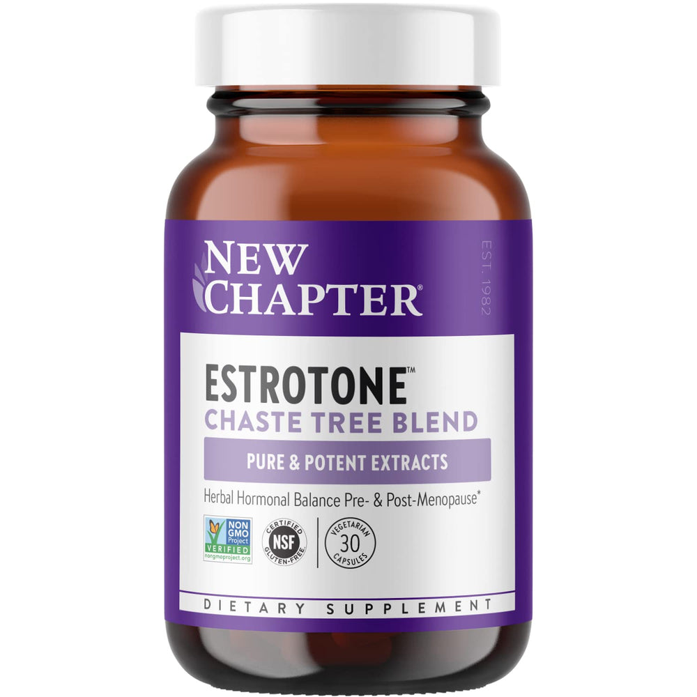 New Chapter Estrotone bottle closeup for balanced menopause support.