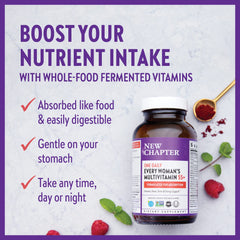New Chapter Every Women's One Daily 55+ pills in hand suggesting daily routine