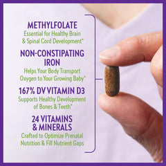New Chapter Perfect Prenatal tablets close-up demonstrates gentle daily intake.