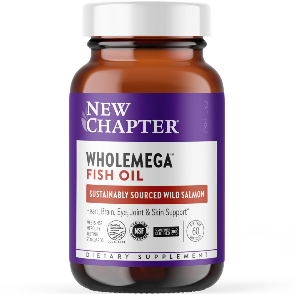 New Chapter Wholemega bottle close-up showing fresh-pressed salmon oil for better absorption
