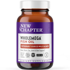 New Chapter Wholemega bottle close-up showing fresh-pressed salmon oil for better absorption