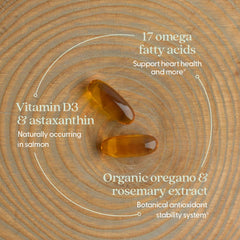 Close-up of Wholemega label – wild Alaskan salmon oil purity and sourcing