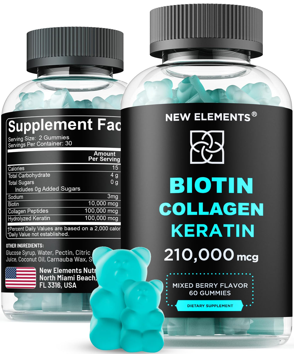 New Elements Biotin Gummies bottle for easy daily use supporting hair, skin, and nails.