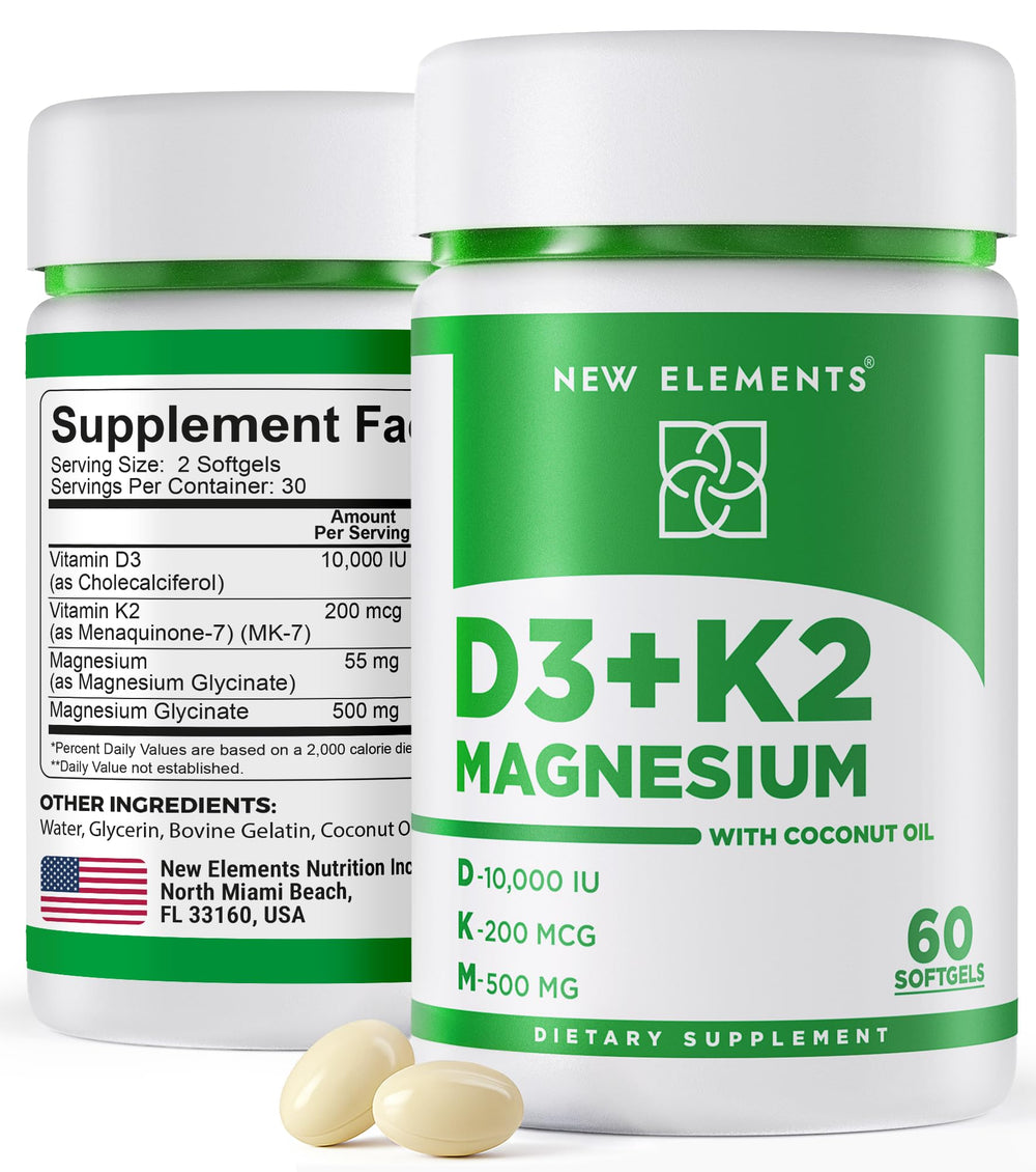 New Elements Vitamin D3 K2 softgels bottle front for daily bone health support