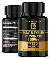 New Elements Magnesium Glycinate 1500mg bottle front showing daily supplement for muscles and nerves.