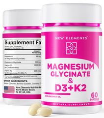 New Elements Magnesium Glycinate D3 K2 softgels bottle highlighting enhanced absorption