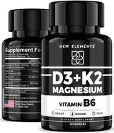 New Elements Vitamin D3 K2 bottle with magnesium capsules for bone support.