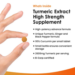 New Leaf Turmeric tablets close-up shows small, easy-to-swallow form.
