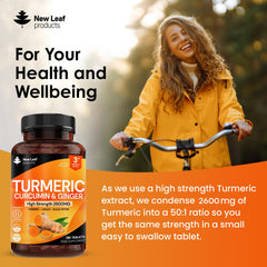 New Leaf Turmeric tablets with ginger and black pepper for absorption support.