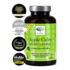 NEW NORDIC ACV Gummies bottle close-up shows The Mother and sugar-free composition.