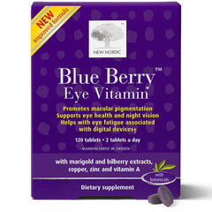 New Nordic blue berry eye vitamin bottle supports eye health and macular pigment.