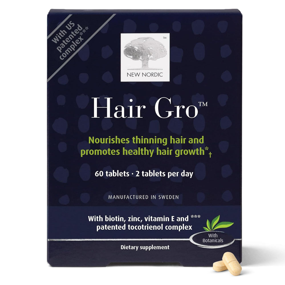 NEW NORDIC Hair GRO bottle front showcasing vegan formula for hair vitality.