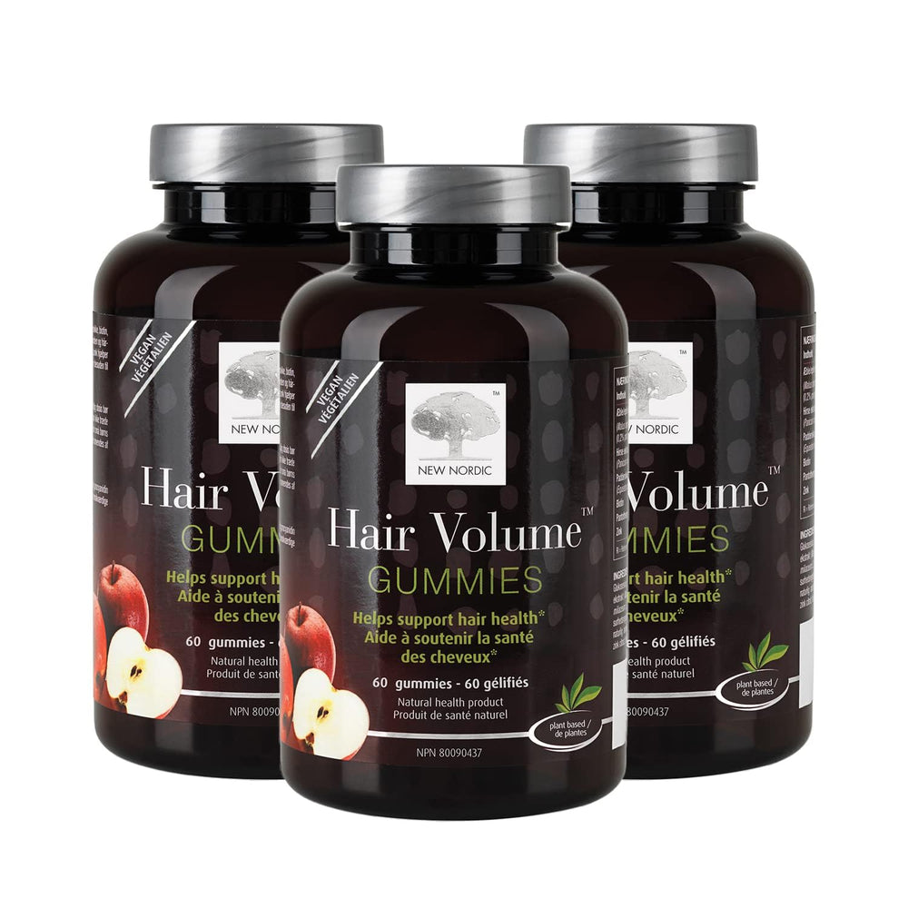 NEW NORDIC Hair Volume Gummies bottle front promotes vegan daily vitamins for hair vitality.