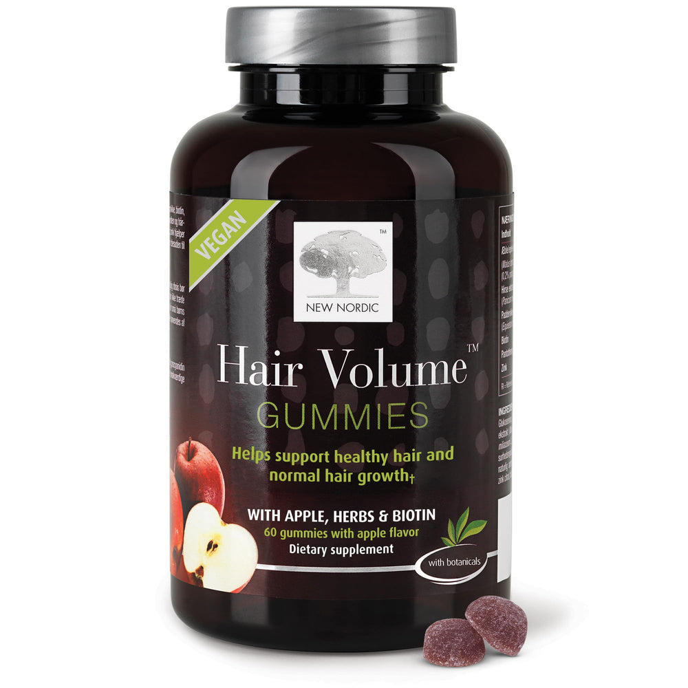 NEW NORDIC Hair Volume Gummies bottle on white background for daily hair support.