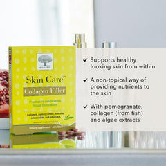 Close-up of the NEW NORDIC bottle highlighting marine collagen tablets for healthier-looking skin