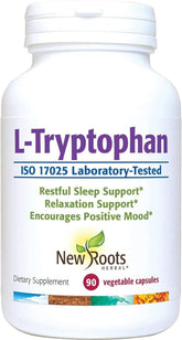 New Roots Herbal L-Tryptophan bottle front promotes calm relaxation.