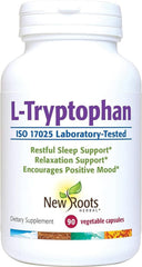 New Roots Herbal L-Tryptophan bottle front promotes calm relaxation.