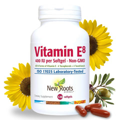New Roots Herbal Vitamin E 400 IU bottle front view, highlighting antioxidant support.