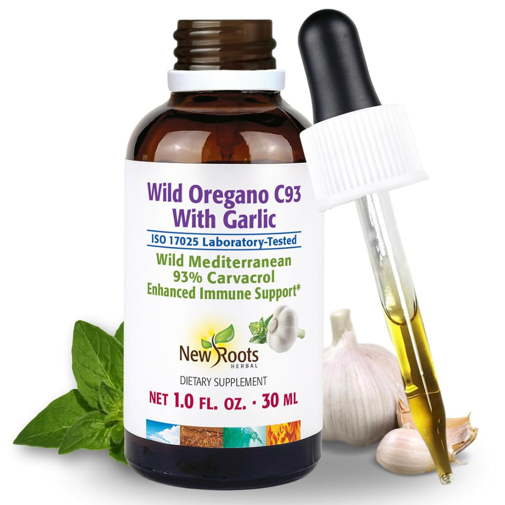New Roots Herbal Wild Oregano Oil tincture bottle with garlic supports immune wellness.