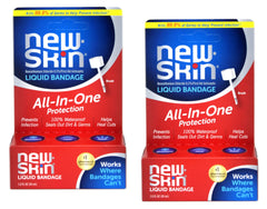 New-Skin liquid bandage bottle pair ready for quick, waterproof protection of minor wounds.