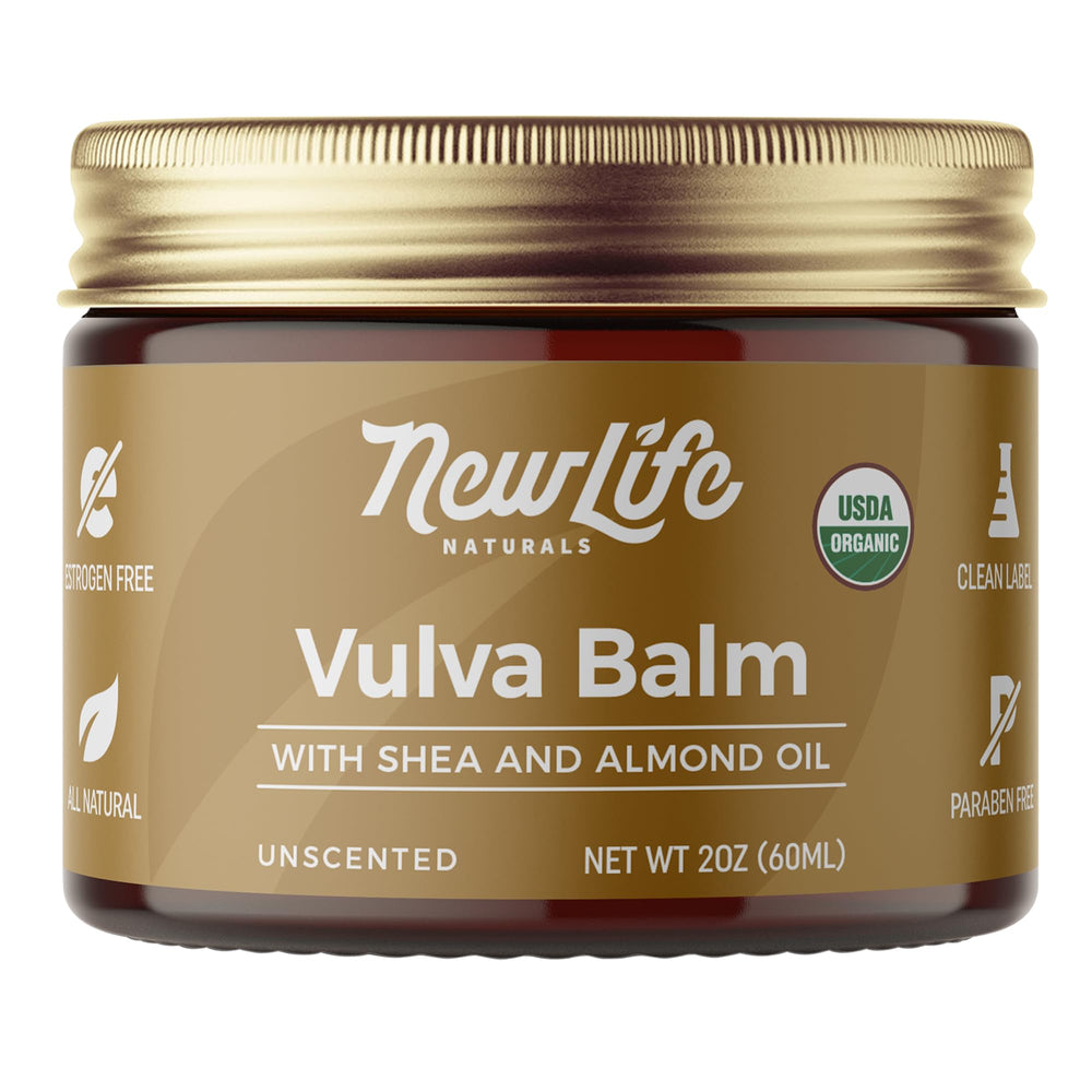 NewLife Naturals vulva balm butter in a jar offering gentle daily moisture.